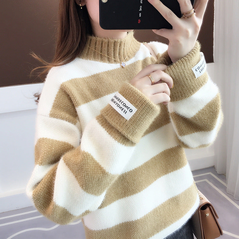 Jesensko-zimski ženski črtast pleten pulover