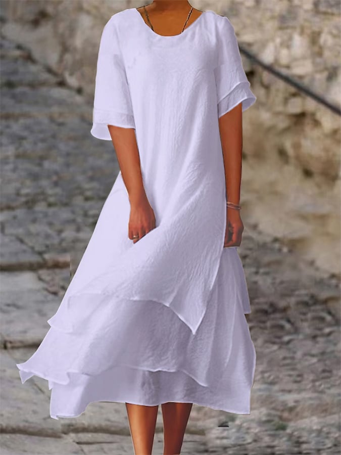 Φόρεμα Color-block διπλής στρώσης βαμβακερό και λινό με κοντό μανίκι και στρογγυλή λαιμόκοψη