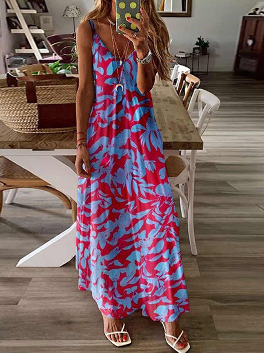 Μαξί φόρεμα με φαρδύ casual print Resort με λαιμόκοψη V