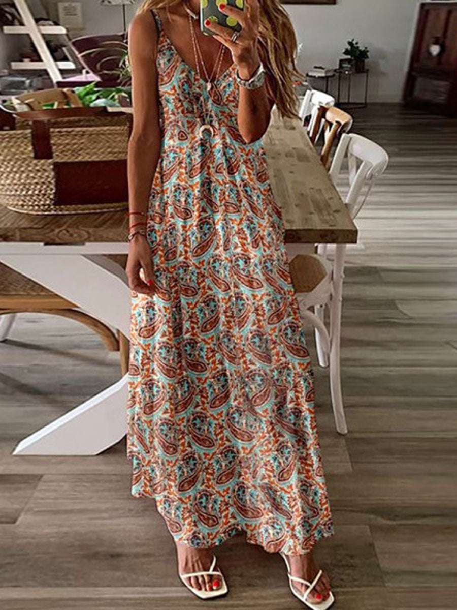 Μαξί φόρεμα με φαρδύ casual print Resort με λαιμόκοψη V
