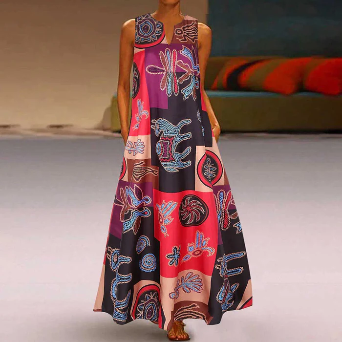 Αμάνικο βαμβακερό φόρεμα 2022 New Summer Vintage Print Maxi Φόρεμα