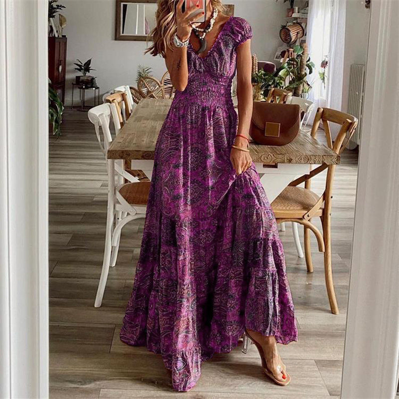Γυναικείο φόρεμα A Line Maxi Μακρύ Φόρεμα Wine κοντομάνικο Floral στάμπα Άνοιξη Καλοκαίρι V Λαιμόκοψη Κομψό Vintage διακοπών