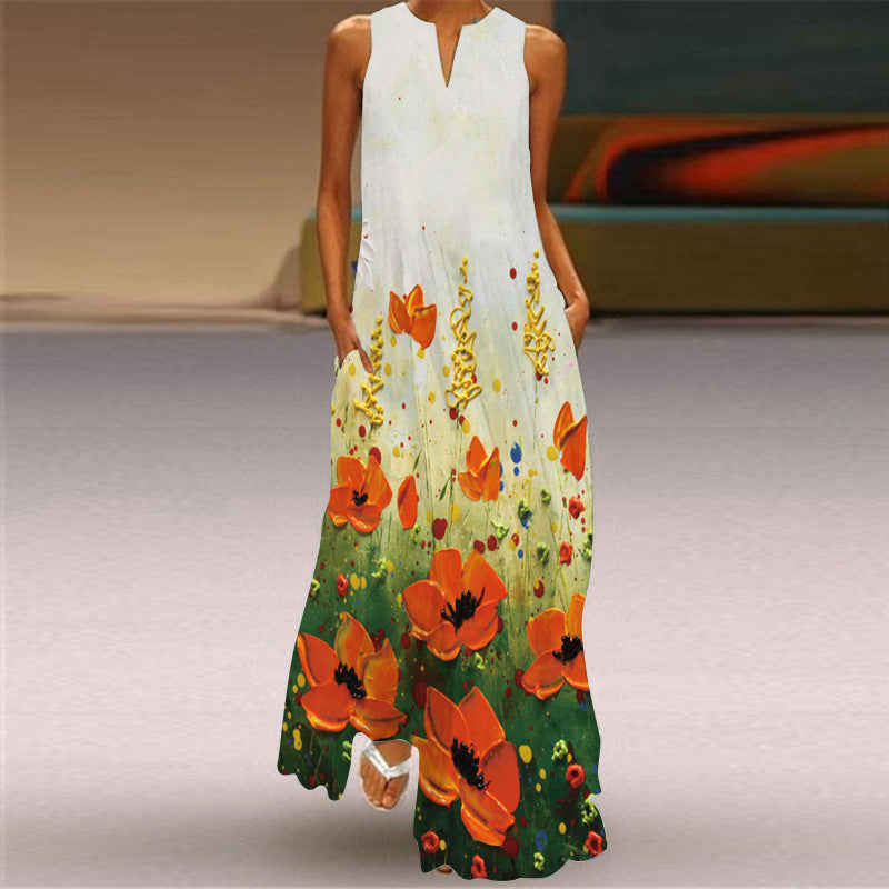 2022 Νέα καλοκαιρινή γυναικεία αμάνικη μακριά φούστα με λαιμόκοψη με στάμπα σμαραγδί λουλουδάτο φόρεμα