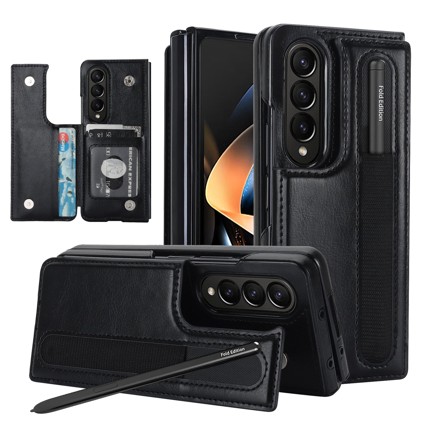 Πολυτελής ρετρό δερμάτινη θήκη τηλεφώνου με υποδοχή για κάρτες, βάση στήριξης, γραφίδα, υποδοχή γραφίδας για Galaxy Z Fold3/Z Fold4/Z Fold5